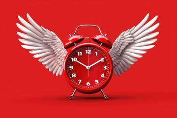 A unique alarm clock with wings on a vibrant red background. Perfect for time management concepts