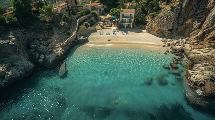 Hidden gem, a mesmerizing aerial view of a serene beach with clear waters, embraced by rugged...