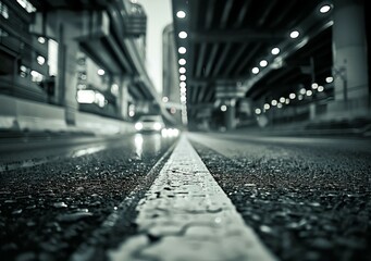Black and white photography of a road with a white line down the middle