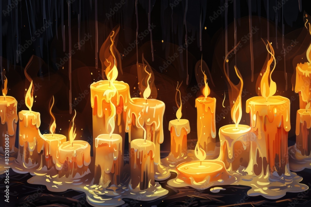 Poster a group of lit candles on top of a table. suitable for various occasions