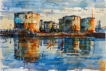 Detailed watercolor painting of an industrial area, perfect for illustrating urban landscapes