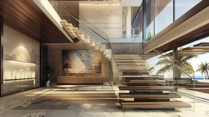 Contemporary luxury staircase with a blend of glass panels and wooden steps complemented by high...