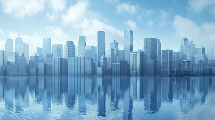 futuristic city with skyscrapers reflecting in water