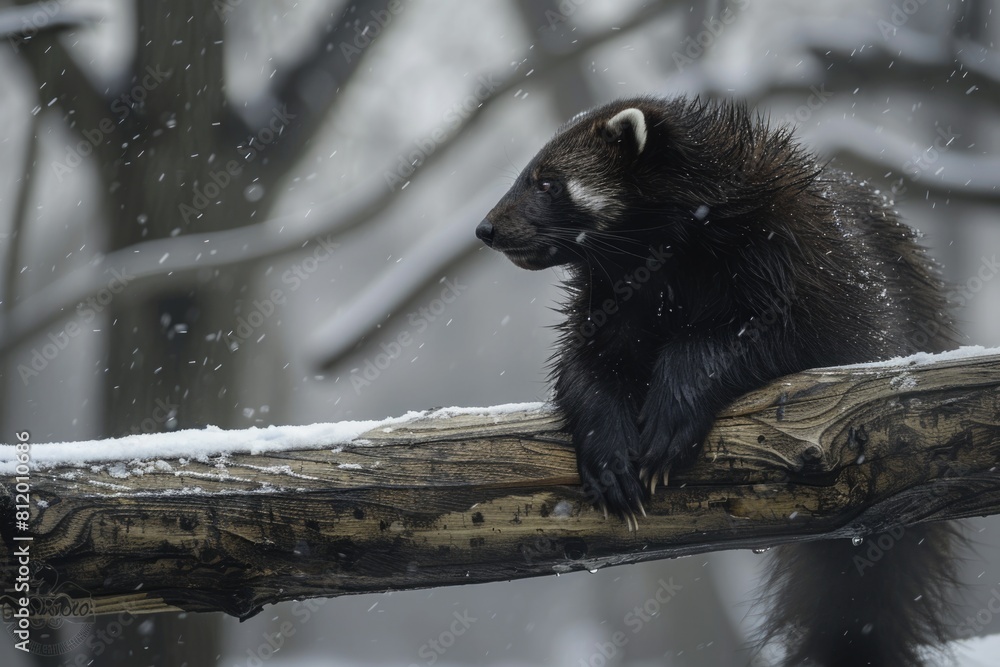 Poster a small animal sitting on top of a tree branch in the snow. suitable for nature and winter-themed de