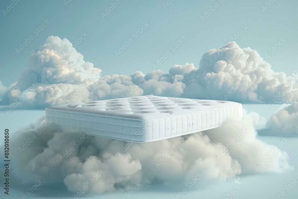 Poster a mattress floating in a dreamy sky. ideal for surreal concepts