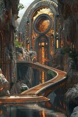 Fototapeta premium Futuristic city with a river running through it