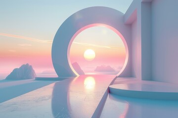 Futuristic landscape with a large portal and a setting sun