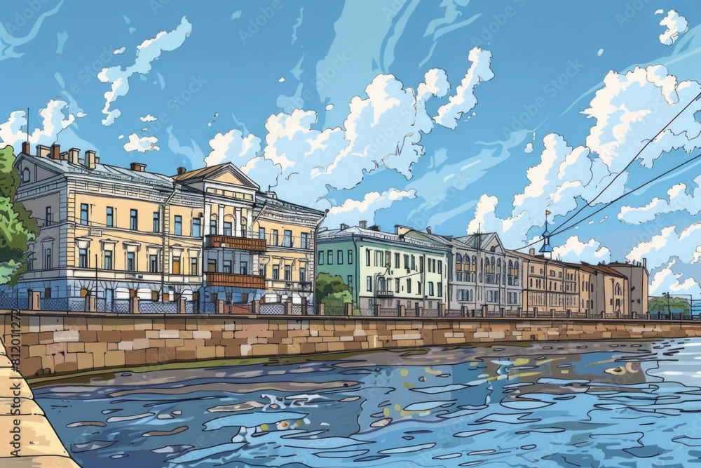 Poster a painting of a city with a river running through it. suitable for urban and landscape themes