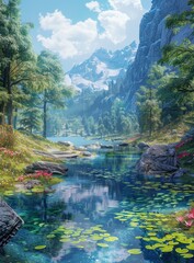 fantasy landscape with mountains, river and flowers