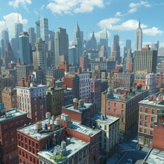 Naklejka premium A cityscape of tall buildings with a blue sky and white clouds