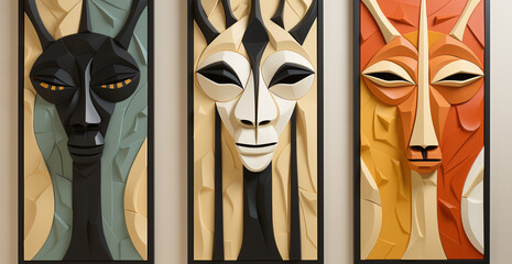 abstract sculpture of an animal mask. Art, talent, artwork, mystical masks on the wall, African theme style. Expensive jobs for the rich