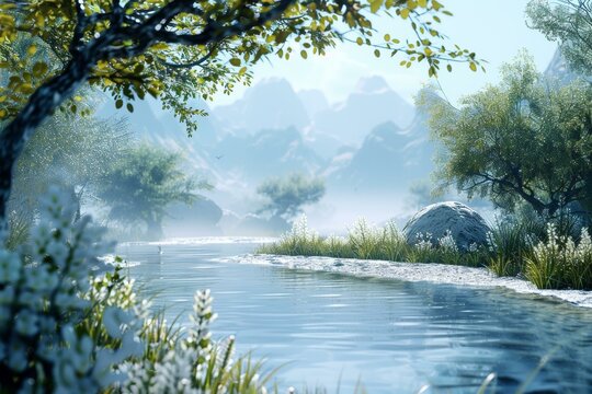 Misty Forest River Landscape