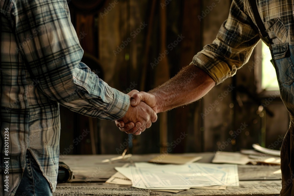 Poster two men in business attire shaking hands over a table. suitable for business and partnership concept