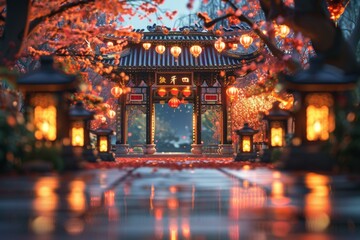 Chinese courtyard with red lanterns and pink blossom trees