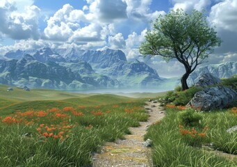 fantasy landscape with mountains and flowers