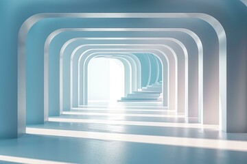 Blue and white curved corridor with bright light at the end