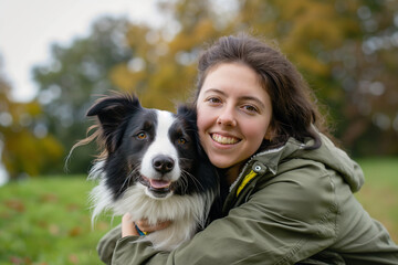 A woman with her border collie dog in the park, enjoying nature and playing together on the green grass