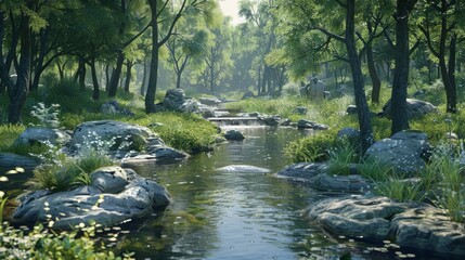 stones and river in the middle of the forest
