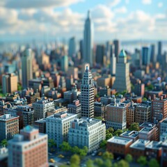 Tilt-shift photography of a dense urban cityscape with many skyscrapers