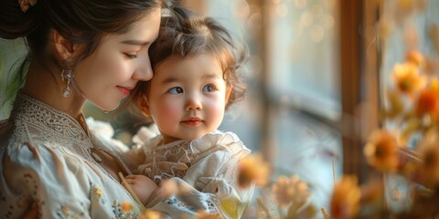 Fototapeta premium A mother and her child are looking out the window.