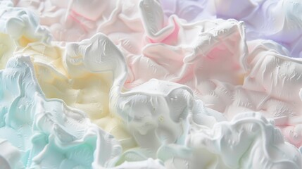 Fluffy marshmallows in pastel colors, soft texture visible on white