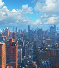 A cityscape of tall buildings with a blue sky and white clouds in the background