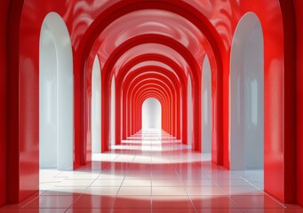 Futuristic red and white arched hallway