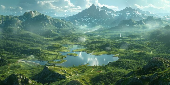 fantasy landscape with mountains, lakes and trees