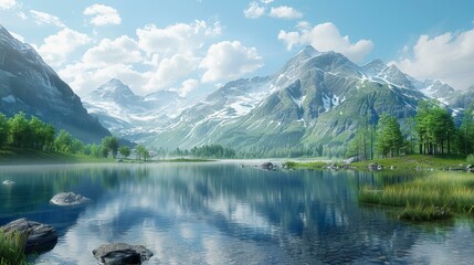 Obraz premium The crystal-clear mountain lake reflects the snow-capped peaks of the Swiss Alps