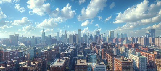A cityscape of a large American city with many skyscrapers and a blue sky