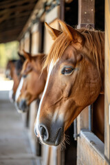 Beautiful horses in a stall in a row, horse corral on a sunny day.