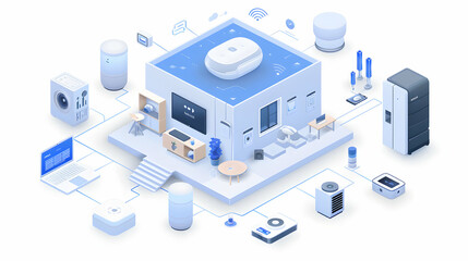 Efficiently Managing Home Tasks with Smart Assistants: Isometric Concept Illustration of Individuals Utilizing AI for Daily Chores and Appliance Control