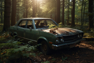 A wrecked car lies abandoned in the middle of a deep Forest
