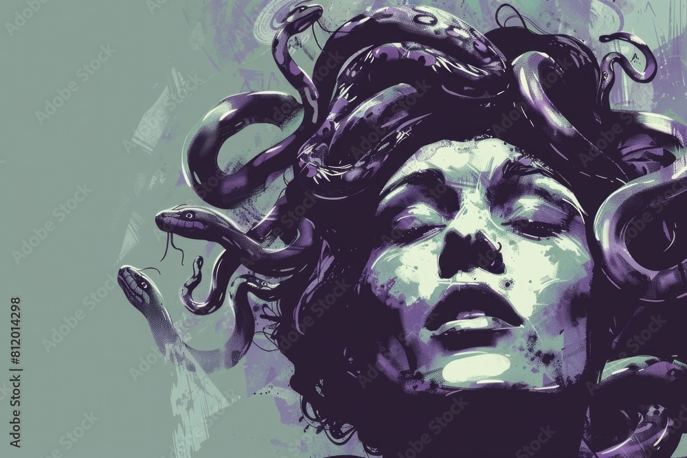 Poster close-up of a person with a snake on their head. suitable for nature and wildlife concepts