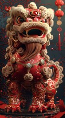 Fototapeta premium A red and gold Chinese lion statue with a red background