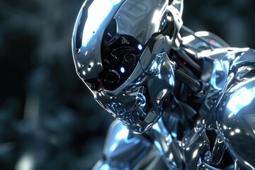 Close up of a robot's head and body, suitable for technology concepts