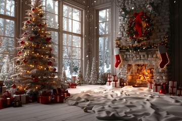 Fototapeta premium Christmas living room with decorated Christmas tree, fireplace and gifts
