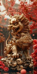 Fototapeta premium 3D rendering of a golden lion statue with red plum blossoms in the background