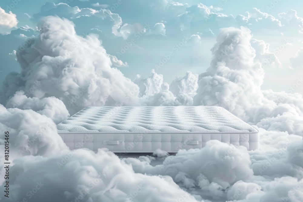 Poster a mattress floating in a dreamy sky, suitable for surreal concepts