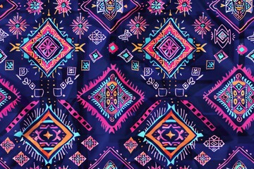 seamless pattern, local fabric pattern in the trapezoidal concept Pink-orange stripes on a dark blue background.