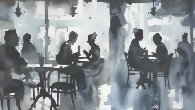 Artistic rendition of people sitting in a café, portrayed as monochrome silhouettes against an abstract, watercolor-styled backdrop. People painted with watercolors in a café. Urban crazy life