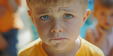 Crying Children having a tantrum at a day care. Portrait of a sad child in kindergarten, hysteria, crisis.