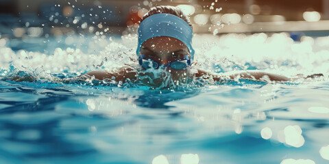 Portrait of a professional young woman swimmer, swimming lessons for adults. Close up of a female athlete swimmer competing.