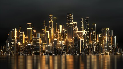 3D rendering of a glowing city skyline at night with lights, skyscrapers and modern architecture buildings illuminated in golden light on a black background. A modern urban landscape of a big city wit