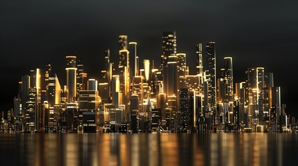 3D rendering of a glowing city skyline at night with lights, skyscrapers and modern architecture buildings illuminated in golden light on a black background. A modern urban landscape of a big city wit