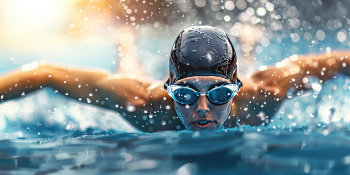 Portrait of a professional young woman swimmer, swimming lessons for adults. Close up of a female athlete swimmer competing. - Powered by Adobe