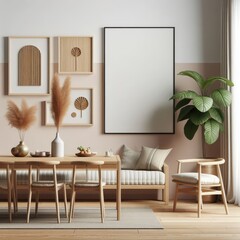 A dining Room with a template mockup poster empty white and with a table and chairs image art attractive harmony.