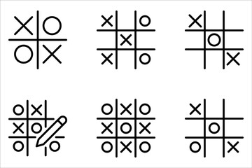 Tic tac toe icons set, noughts and crosses game on white background