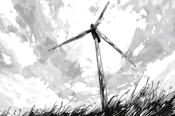 Black and white drawing of a wind turbine. Suitable for energy or environmental concepts