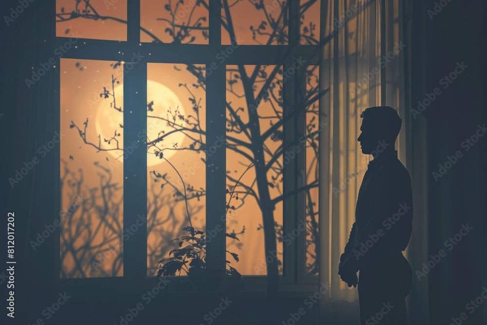 Wall mural A silhouette of a person standing in front of a window. Suitable for various design projects - Wall murals